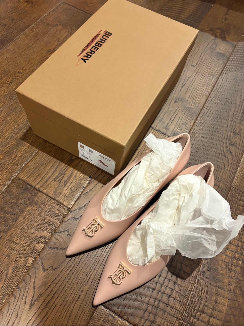 Burberry Blush Pink Pointed-Toe Leather Flats with TB Monogram